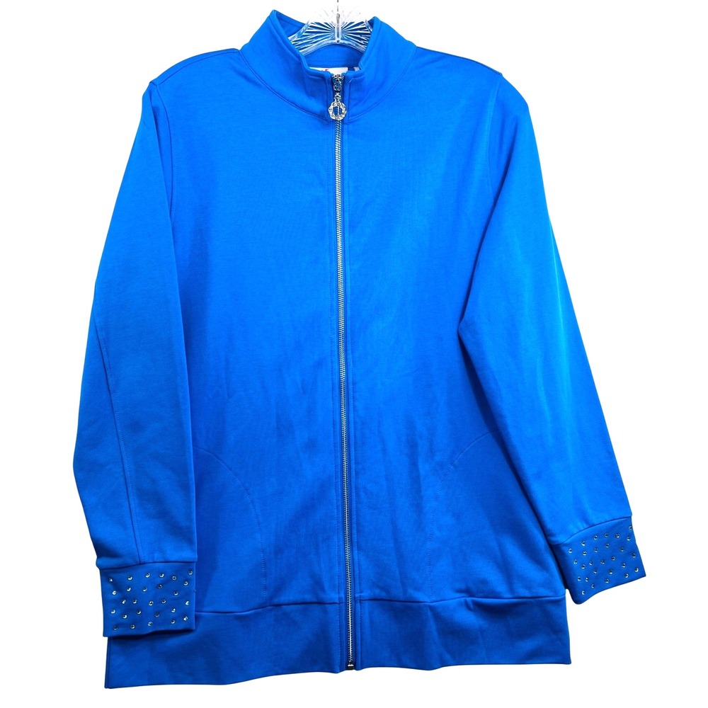 Quacker Factory Royal Blue Rhinestone Zip Up Jacket Mock Neck Sweatshirt XS